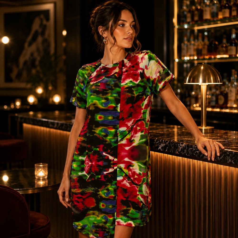 Juma Silk Art to Wear Shift Dress Size S Asymmetrical Hem Colorful Statement